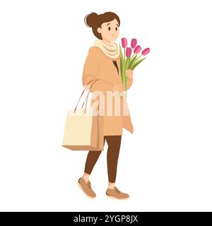 Glückliche, zufriedene junge Frau mit Einkaufstasche. Minimalistisches flaches Person Design Element, Vektor handgezeichnet moderner junger Mann geht einkaufen. Stock Vektor