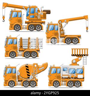 Set von Autos für den Bau. Seitenansicht. Isoliert auf weißem Hintergrund. Vektorabbildung. Stock Vektor