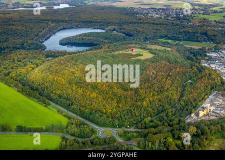 Luftbild, Halde Rheinpreußen Sehenswürdigkeit mit Landmarke das Geleucht Grubenlampe, Waldsee im herbstlichen Wald, Rheinkamp-Meerbeck, Moers, Ruhrgebiet, Nordrhein-Westfalen, Deutschland ACHTUNGxMINDESTHONORARx60xEURO *** Luftansicht, Sackgasse Rheinpreußen Wahrzeichen mit Wahrzeichen das Geleucht Grubenlampe, Waldsee im Herbstwald, Rheinkamp Meerbeck, Moers, Ruhrgebiet, Nordrhein-Westfalen, Deutschland ACHTUNGxMINDESTHONORARx60xEURO Stockfoto