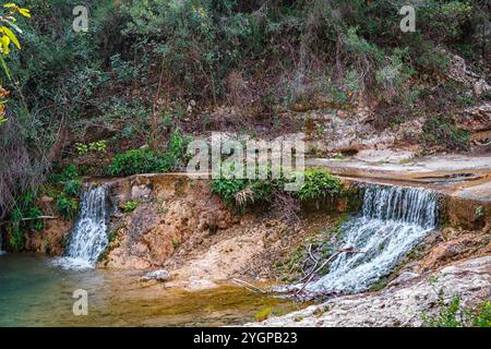 Zwei kleine Wasserfälle fließen sanft in einen ruhigen Pool, umgeben von Grün in einer ruhigen natürlichen Umgebung. Stockfoto