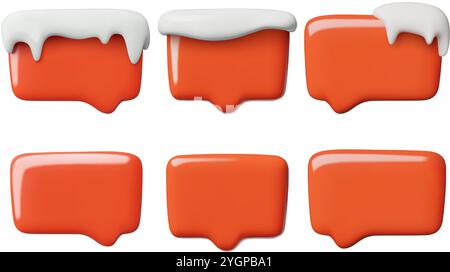Rote Winter-3D-Sprechblasen mit Schneekappen und Eiszapfen. Leere Textfelder Vektorelemente in einem niedlichen Hochglanzkunststoff-Stil. Stock Vektor
