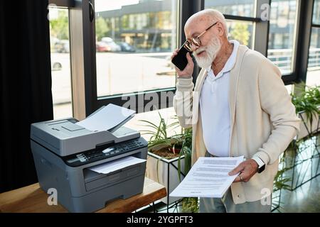 Ein leitender Geschäftsmann mit Bart ist mit einem Telefonat beschäftigt und bearbeitet Dokumente in einem stilvollen Büro. Stockfoto