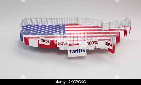 Konzept: Handelsprotektionismus durch die Vereinigten Staaten von Amerika durch Einführung von Zöllen. Ein Sicherheitszaun um eine 3D-Karte der USA mit Schildern 'Ta Stockfoto