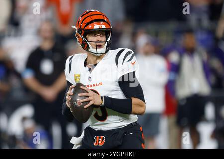 Baltimore, MD, USA. November 2024. Cincinnati Bengals Quarterback Joe Burrow (9) in Aktion während eines Spiels gegen die Baltimore Ravens im M&T Bank Stadium in Baltimore, MD. Foto/Mike Buscher/Cal Sport Media/Alamy Live News Stockfoto