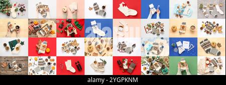 Set aus warmen Socken mit Herbst- und Winterdekor, Blick von oben Stockfoto
