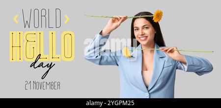 Banner für den Welttag mit einer jungen Frau mit Blumen auf grauem Hintergrund Stockfoto