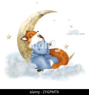 Ein Jungfuchs sitzt auf einer flauschigen Wolke. Der Fuchs hat eine Tasse Tee in den Pfoten. Ein lustiges Kind sitzt auf dem Mond und gähnt. Aquarellillustraten Stockfoto