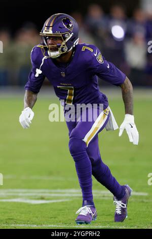 Baltimore, MD, USA. November 2024. Baltimore Ravens Wide Receiver Rashod Bateman (7) in Aktion während eines Spiels gegen die Cincinnati Bengals im M&T Bank Stadium in Baltimore, MD. Foto/Mike Buscher/Cal Sport Media/Alamy Live News Stockfoto