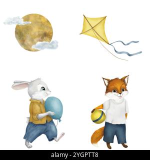 Ein süßes Häschen mit einem Ballon, ein kleiner Fuchs mit einem Ball, ein Drachen und die Sonne in flauschigen Wolken. Zeichentrickset, Kinderspielzeug und Tiere auf der Rückseite isoliert Stockfoto