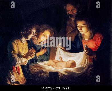 Gerard van Honthorst alias Gherardo delle Notti, Anbetung des Kindes, 1621, Öl auf Leinwand; Uffizien, Florenz, Italien Stockfoto