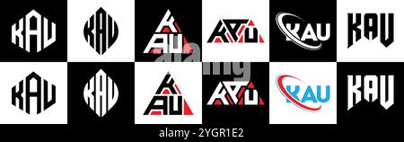 KAU Letter Logo im 6er-Stil. KAU Polygon, Kreis, Dreieck, Sechseck, flacher und einfacher Stil mit schwarz-weißem Schriftzug Stock Vektor