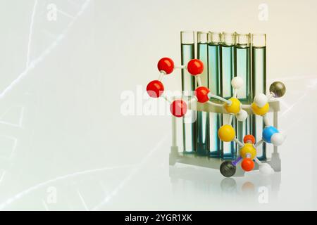 Molekularmodell und Rack mit Reagenzgläsern auf weißem Hintergrund Stockfoto