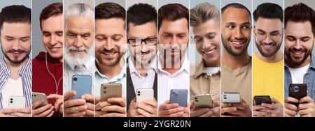 Verschiedene Männer mit Handys auf farbigem Hintergrund, Collage. Moderne Technologie Stockfoto