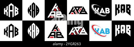 KAB Letter-Logo im 6er-Stil. KAB Polygon, Kreis, Dreieck, Sechseck, flach und schlicht mit schwarz-weißem Buchstaben-Logo in verschiedenen Farben Stock Vektor