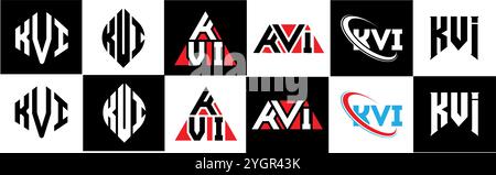 KVI Letter-Logo im 6er-Stil. KVI Polygon, Kreis, Dreieck, Sechseck, flacher und einfacher Stil mit schwarz-weißem Schriftzug in verschiedenen Farben Stock Vektor