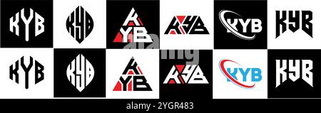 KYB Letter-Logo im 6er-Stil. KYB Polygon, Kreis, Dreieck, Sechseck, flach und schlicht mit schwarz-weißem Schriftzug Stock Vektor