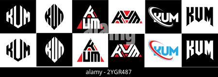 KUM Letter Logo im 6er-Stil. KUM Polygon, Kreis, Dreieck, Sechseck, flach und schlicht mit schwarz-weißem Schriftzug Stock Vektor
