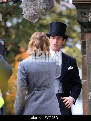 Comedian Jimmy Carr Debütalfilm Fackham Hall filmt in Thornton Hough, Wirral Stockfoto