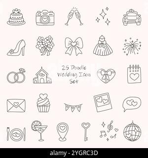 Hochzeit Doodle Icon Set - Herz, Ringe, Brille, Auto, Kirche, Schleife, Stern, Glitzer, Kleid, Kuchen, Geotag, Hülle. Hand gezeichnetes Vektor-Heiratssymbol für Stock Vektor