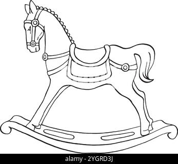 Schaukelpferd. Elegantes traditionelles Vintage-Spielzeug. Isolierte grafische Vektordarstellung. Ideal für Weihnachtsgrüße, Karte, Malbuch, Druck, Dekor Stock Vektor