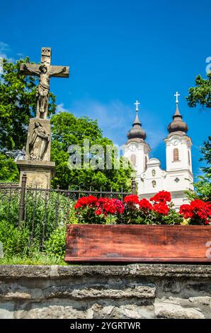 Wunderschöne Rosen blühen in der Nähe der historischen Kirche in Tihany, Ungarn an einem sonnigen Tag Stockfoto