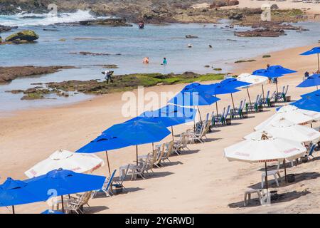 Salvador, Bahia, Brasilien - 11. Oktober 2019: Blick auf den Strand von Farol da Barra mit Sonnenschirmen auf dem Sand für Schwimmer. Stadt Salvador, Bahia. Stockfoto