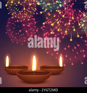 Diwali Diya mit Feuerwerk Hintergrund illustration Stock Vektor