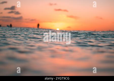 Silhouetten von Surfern in der Abenddämmerung, die auf die nächste Welle in Waikiki warten. Stockfoto