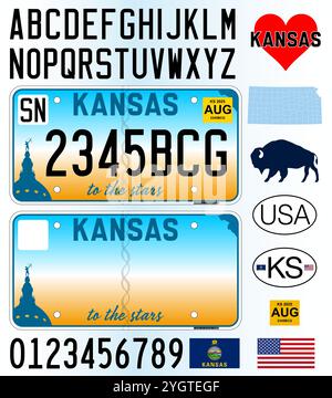 Kansas Bundesstaat Autokennzeichen Muster neuer Stil Jahr 2024, Buchstaben, Zahlen und Symbole, Vektorillustration, USA Stock Vektor