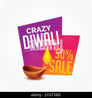 Diwali Verkauf bieten günstige Label Design mit brennenden Diya Stock Vektor