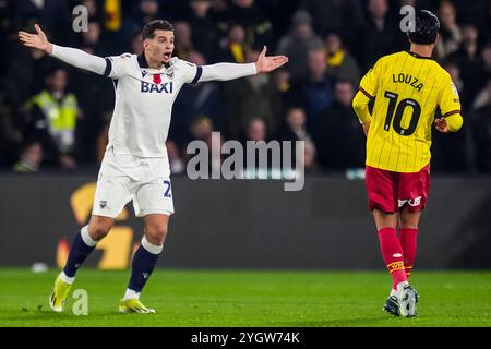 Watford, Großbritannien. November 2024. WATFORD, ENGLAND – 8. NOVEMBER: Ruben Rodrigues von Oxford United FC reagiert beim Sky Bet Championship-Spiel zwischen Watford FC und Oxford United FC am 8. November 2024 in der Vicarage Road in Watford, England. (Foto: Rene Nijhuis/MB Media) Credit: MB Media Solutions/Alamy Live News Stockfoto