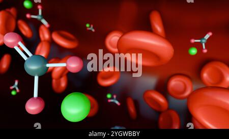 3D-Darstellung von Bleicarbonatmolekülen im Blutkreislauf, Bleivergiftung. Stockfoto