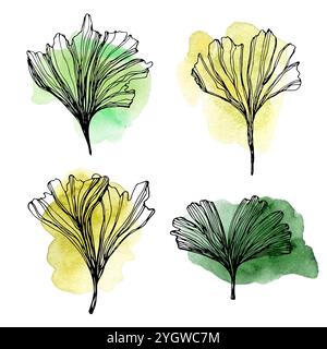 Handgezeichnete Ginkgo biloba-Blätter mit Aquarellflecken besetzt. Umrisssammlung von Herbstginblättern. Set mit exotischen Blumenblättern für Ihr Design. Stockfoto