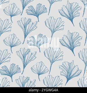 Freihand-Zeichnung Blaue Blätter des Ginkgo Biloba Baumes. Modernes nahtloses Muster für Verpackungsdesign, Tapeten und Textilien. Dekorative Blumendekoration Stockfoto