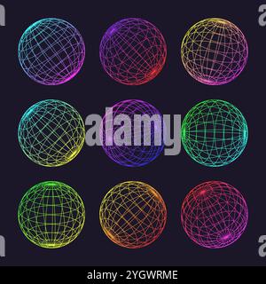 Neon-Drahtmodellformen, gefütterte Kugel. Perspektivisches Netz, 3D-Raster. Geometrische Elemente mit niedrigem Poly. Futuristische Retro-Designelemente, y2k, Vaporwave und Stock Vektor