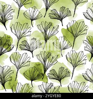 Nahtloses Muster mit Ginkgo biloba-Blättern. Lineare Zeichnung mit Aquarellflecken. Kann für Tapeten, Musterfüllungen, Textilien, Webseiten, Oberflächen verwendet werden Stockfoto