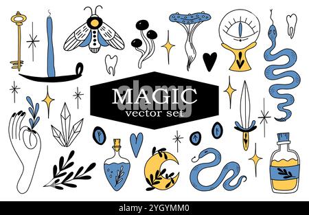 Vektorhexe mystische magische Designelemente Set. Hexerei Hand gezeichnete Doodle Boho Kollektion mit himmlischem Kristall, Tränke, Kerze, Pilzen Stock Vektor