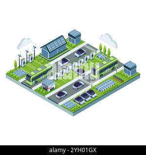 Isometrische Plattform für nachhaltigen Transport mit Elektrofahrzeugen und elektrischen Ladestationen, Solarpaneelen, Windturbinen. Nachhaltigkeit im Transpo Stock Vektor