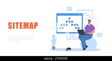 Sitemap-Konzept. Vorlage für Landing-Page. Tool zur Website-Erstellung. Männlicher Entwickler mit Laptop. Online-Software und Webseitenstruktur. Vektorabbildung Stock Vektor