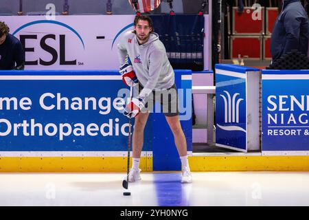 Rochester, New York, USA. November 2024. Hartford Wolf Pack Verteidiger Connor Mackey (14) bereitet sich vor dem Spiel gegen die Rochester Americans vor. Die Rochester Americans veranstalteten das Hartford Wolf Pack in einem Spiel der American Hockey League in der Blue Cross Arena in Rochester, New York. (Jonathan Tenca/CSM). Quelle: csm/Alamy Live News Stockfoto