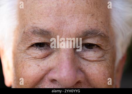 Nahaufnahme des Gesichtes eines älteren Mannes, der Weisheit und Erfahrung in seinen Augen zeigt, zu Hause Stockfoto