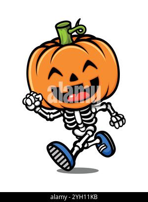 Funny Halloween Pumpkin Head Skeleton Cartoon Character Stock Vektor