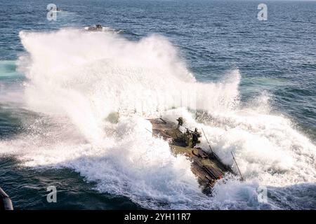 Pazifik. Oktober 2024. Ein Amphibious Combat Vehicle des U.S. Marine Corps, das dem 3rd Assault Amphibian Battalion, 1st Marine Division, zugewiesen ist, landet am Brunnendeck des Amphibien-Transportschiffs USS Somerset (LPD 25) der San Antonio-Klasse während des Quarterly Underway Amphibious Readiness Training vor der Küste Südkaliforniens am 26. Oktober 2024 aus. QUART ist eine gemeinsame Trainingsübung der I Marine Expeditionary Force und der Expeditionary Strike Group 3, die dazu dient, grundlegende amphibische Fähigkeiten für effektive Einsätze in maritimen Umgebungen zu entwickeln und zu erhalten und gleichzeitig die zu stärken Stockfoto