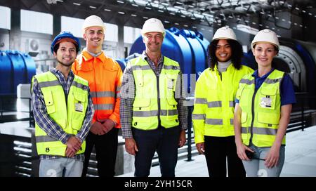 Ein Glückliches Team Von Kraftwerksingenieuren Lächelt In Der Öl- Und Gasanlage Stockfoto