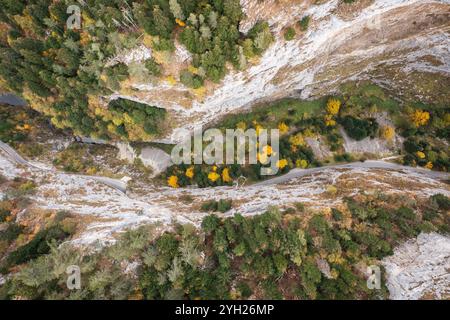 Rigrad-Schlucht eines vertikalen Marmorfelsens in den Rhodopen-Bergen im Herbst Stockfoto