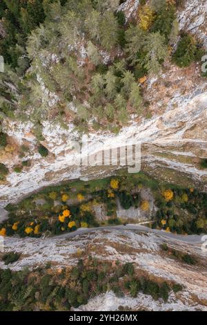 Rigrad-Schlucht eines vertikalen Marmorfelsens in den Rhodopen-Bergen im Herbst Stockfoto