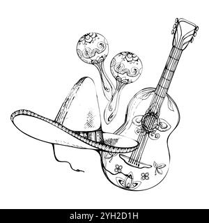 Mexikanische Symbole Sombrero Hut, Gitarren Maracas Mariachi Musikinstrumente, Blumenschmuck. Handgezeichneter Tintenvektor isolierte Illustration Stock Vektor