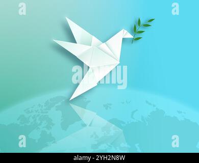 Internationaler Tag des Friedens. Fliegende Taube mit Olivenzweig auf hellem Hintergrund mit der Kugel des Planeten Erde. Vektorabbildung. Stock Vektor