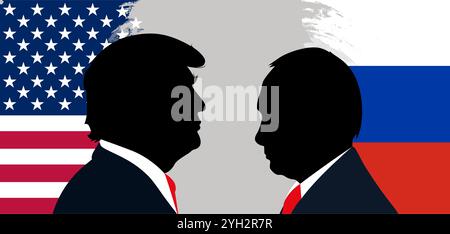 Donald Trump und Wladimir Putin vor dem Hintergrund der russischen und US-amerikanischen Flagge. Stockfoto