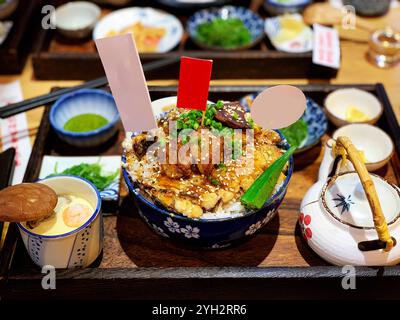 Japanische Reisschale mit gegrilltem Aal und traditionellen Beilagen Stockfoto